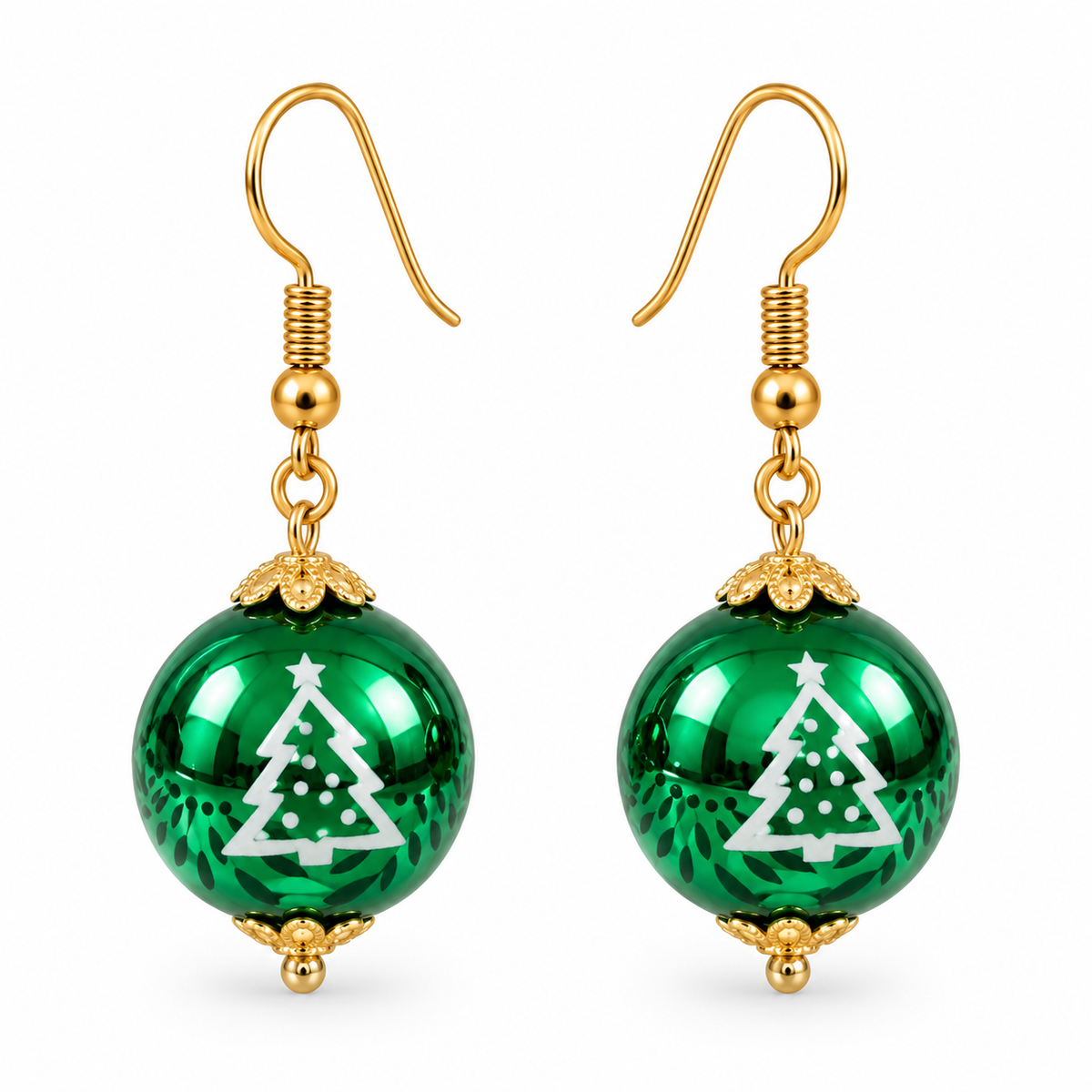 Christmas Bauble Drop Earrings in green with white Christmas tree motif and gold-tone stainless steel fish hook fasteners
