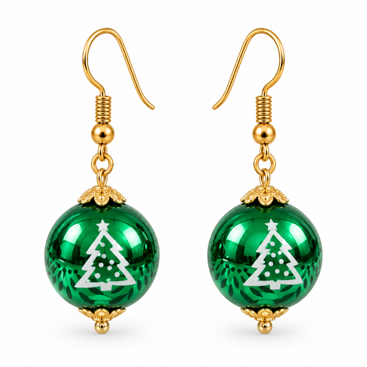 Christmas Bauble Drop Earrings in green with white Christmas tree motif and gold-tone stainless steel fish hook fasteners