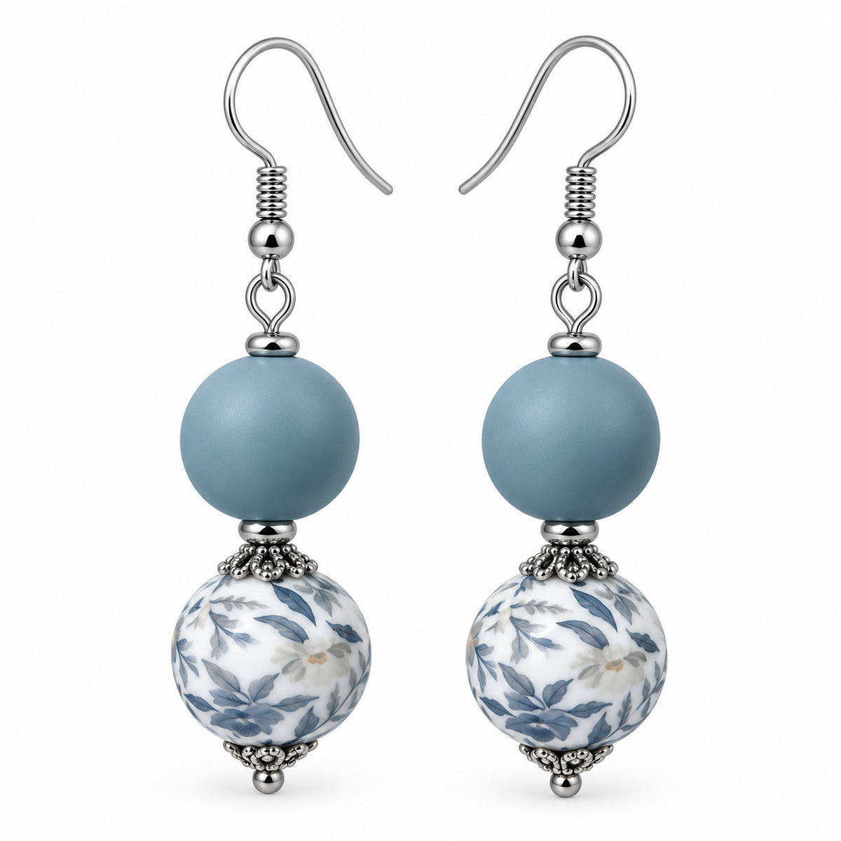 Dusty Blue Leaf Print Drop Earrings