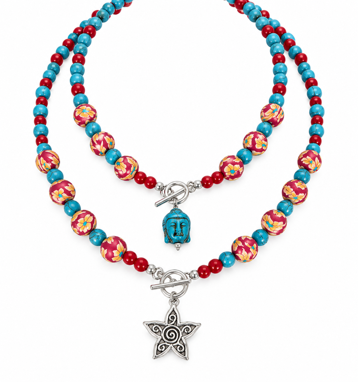 Boho Beaded Necklace Set — two necklaces with floral polymer clay, turquoise and red beads, Buddha head pendant and silver filigree star pendant