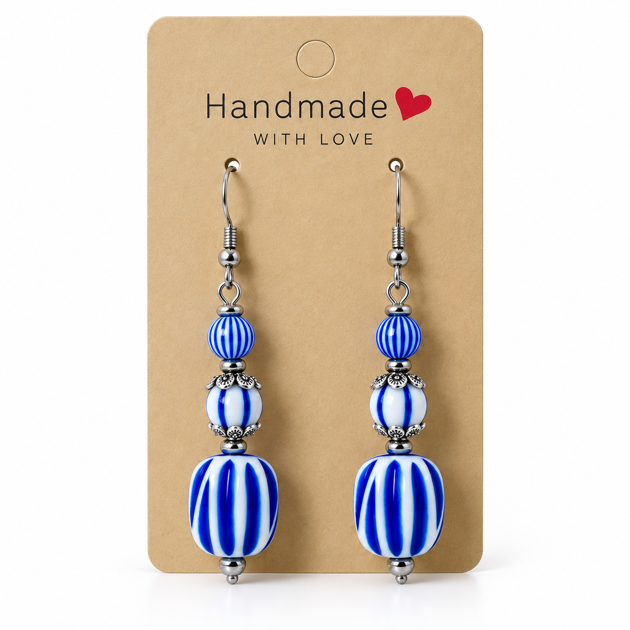 Cobalt Stripe Bead Earrings Stainless Steel - silver