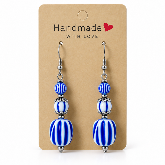 Cobalt Stripe Bead Earrings Stainless Steel - silver