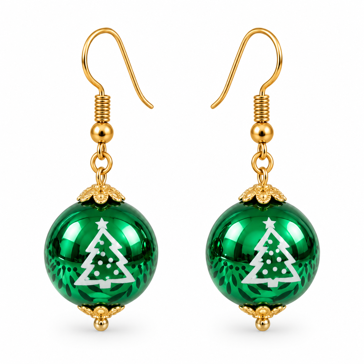 Christmas Bauble Drop Earrings in green with white Christmas tree motif and gold-tone stainless steel fish hook fasteners