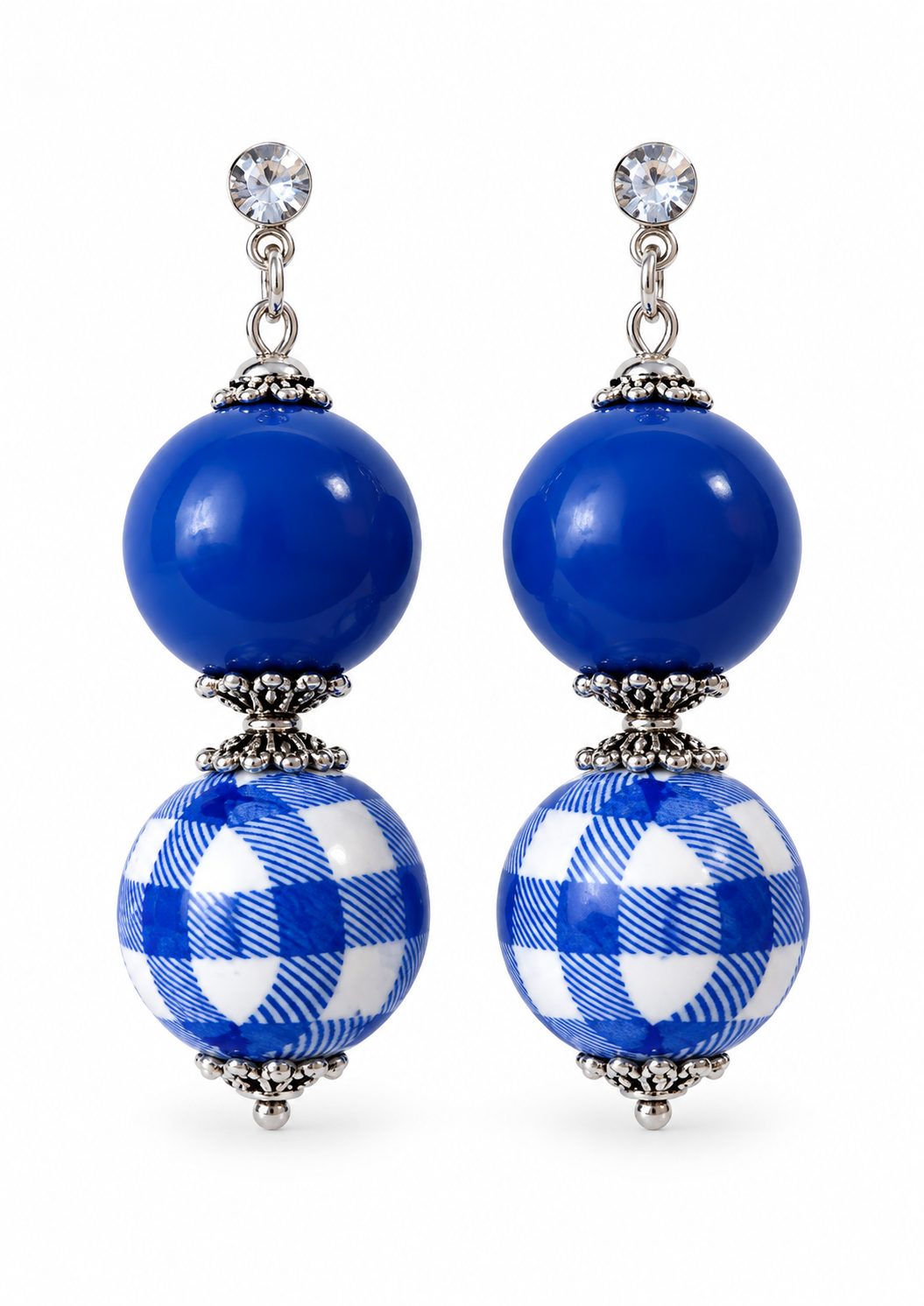 Blue Gingham Bead Drop Earrings