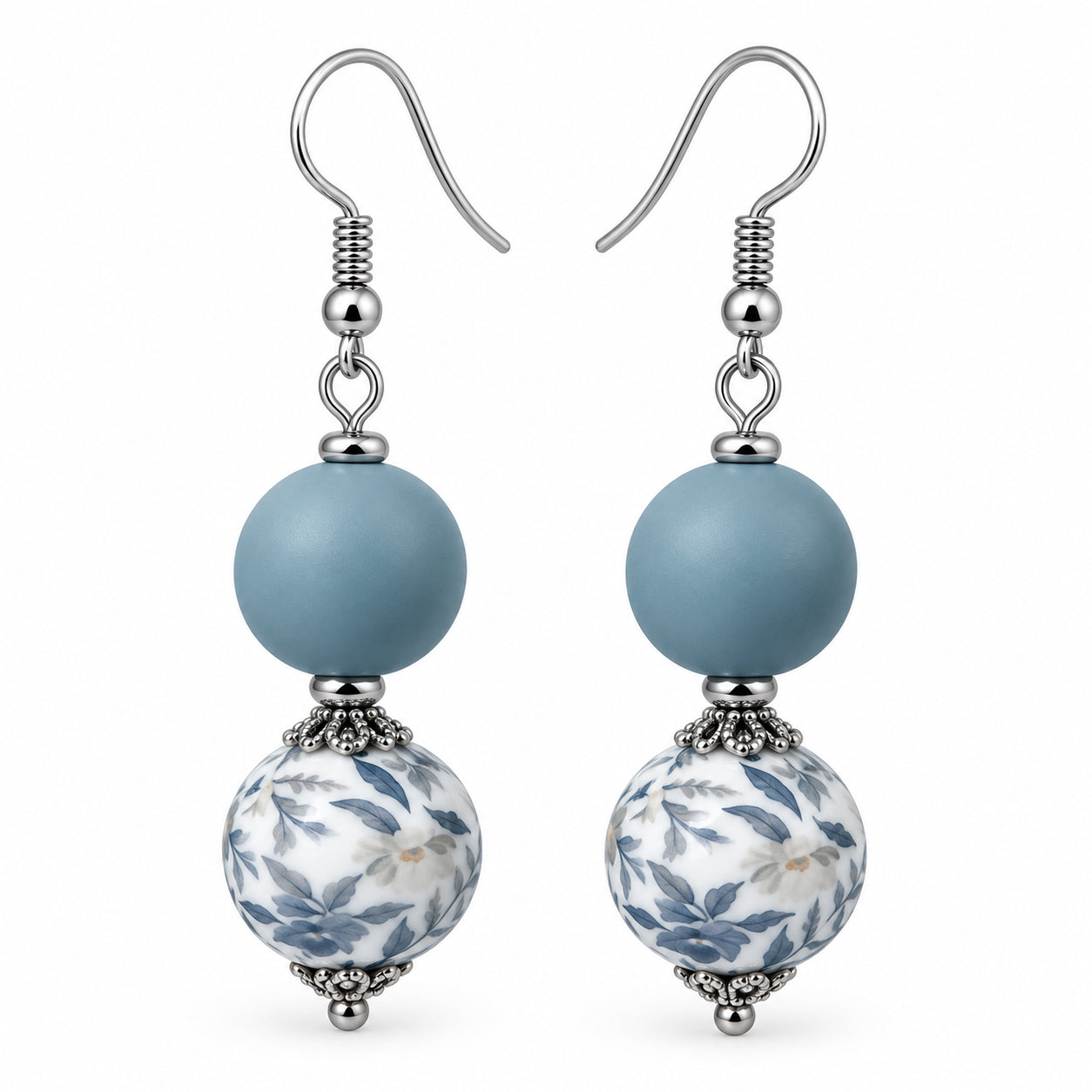 Dusty Blue Leaf Print Drop Earrings