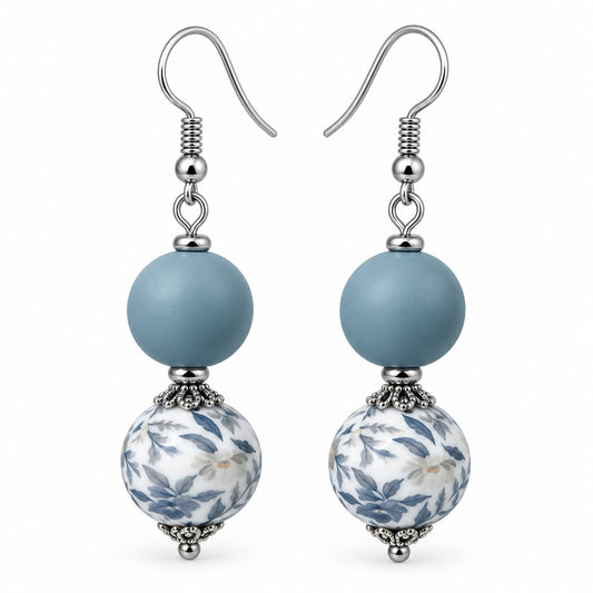 Dusty Blue Leaf Print Drop Earrings