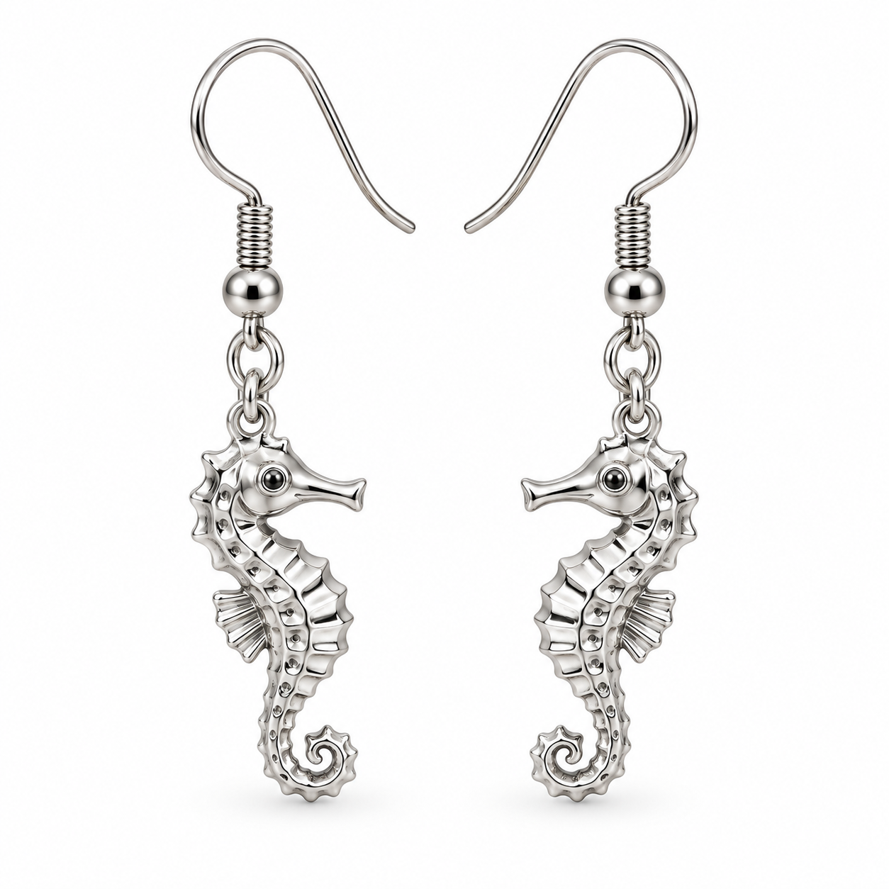 Silver Seahorse Drop Earrings — detailed 3D polished silver seahorse charms on stainless steel fish hook fasteners